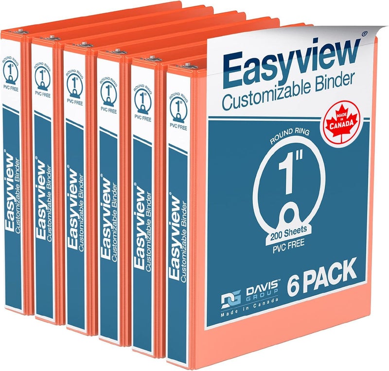 Davis Group Easyview Premium 3-Ring Binders with Clear-View Covers and Round Rings, Binders for School or Office, 1 Inch, Pack of 6, Orange - Image 1